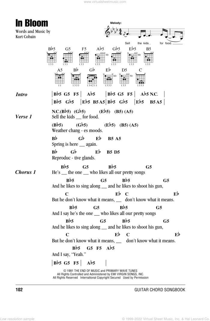 In Bloom sheet music for guitar (chords) by Nirvana and Kurt Cobain, intermediate skill level