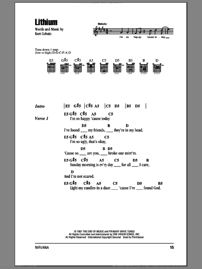 Lithium sheet music for guitar (chords) by Nirvana and Kurt Cobain, intermediate skill level