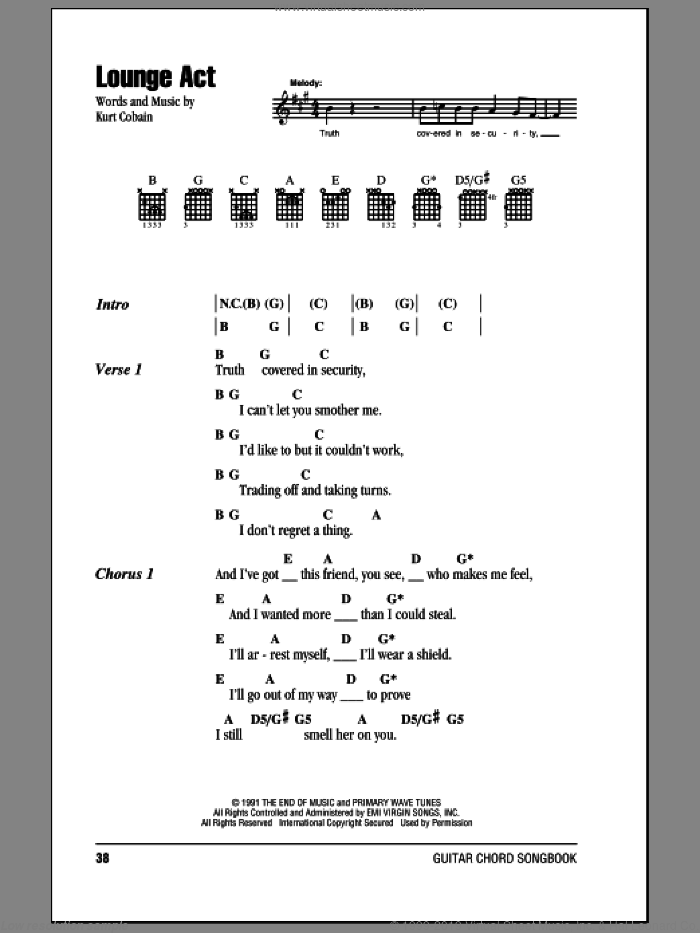 Lounge Act sheet music for guitar (chords) by Nirvana and Kurt Cobain, intermediate skill level