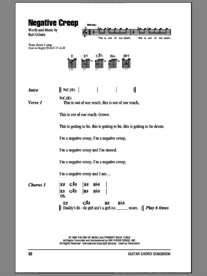 Negative Creep sheet music for guitar (chords) by Nirvana and Kurt Cobain, intermediate skill level