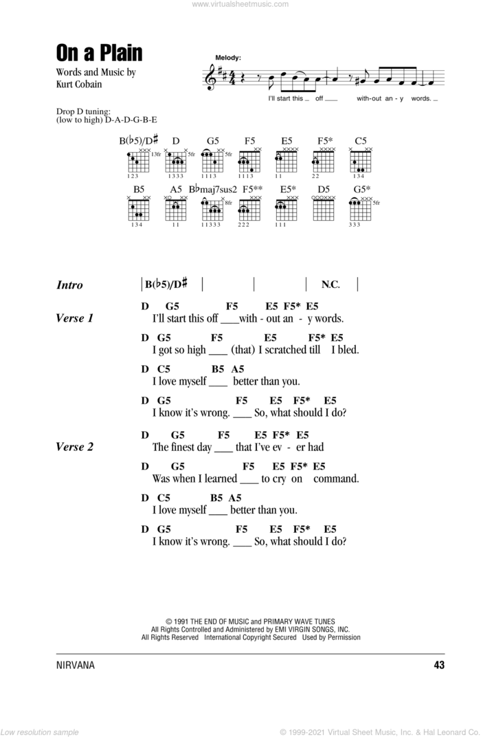 On A Plain sheet music for guitar (chords) by Nirvana and Kurt Cobain, intermediate skill level