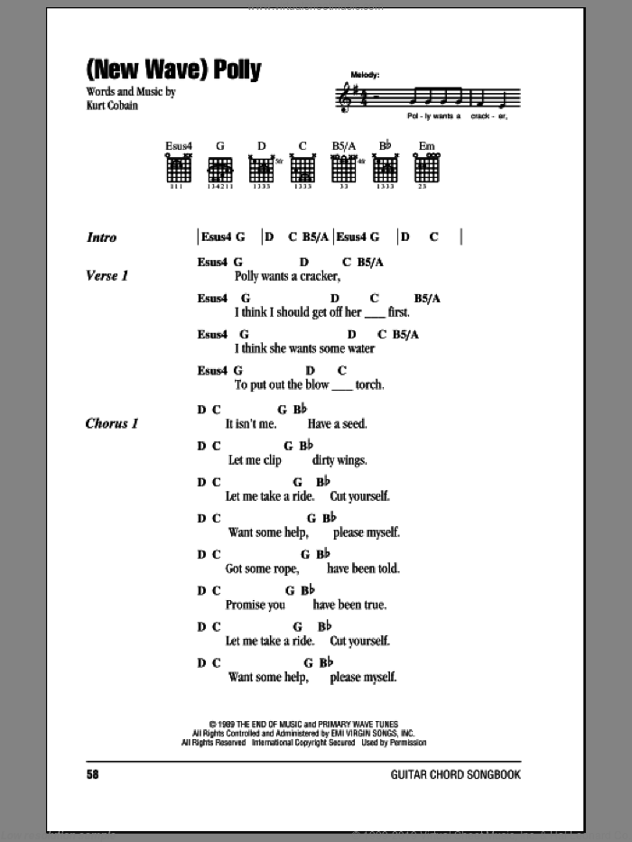 (New Wave) Polly sheet music for guitar (chords) by Nirvana and Kurt Cobain, intermediate skill level
