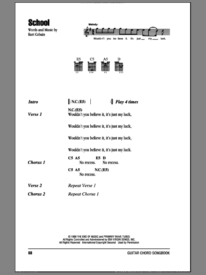 School sheet music for guitar (chords) by Nirvana and Kurt Cobain, intermediate skill level