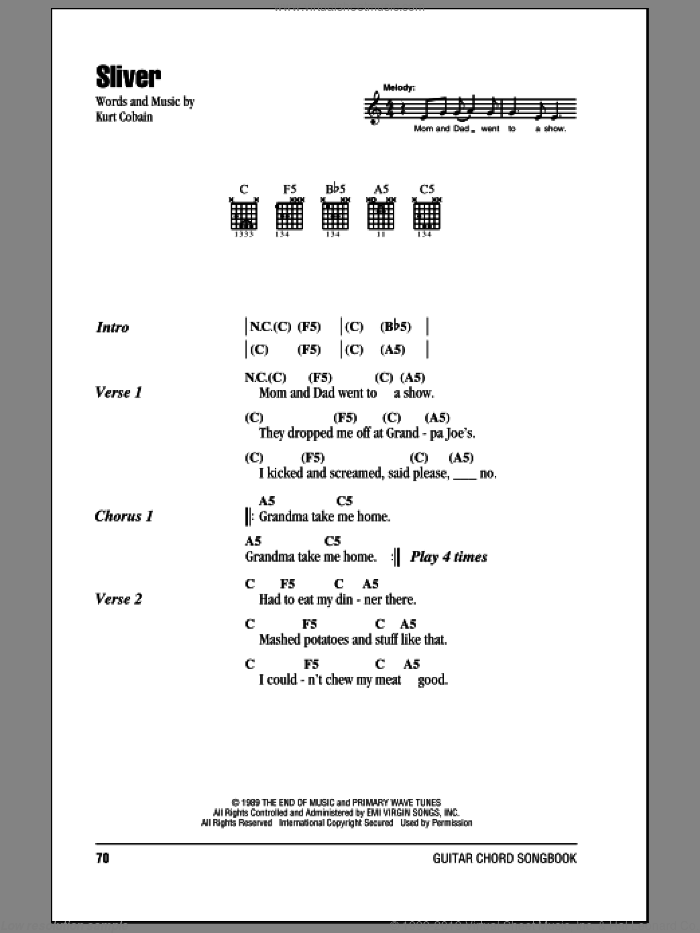 Sliver sheet music for guitar (chords) by Nirvana and Kurt Cobain, intermediate skill level