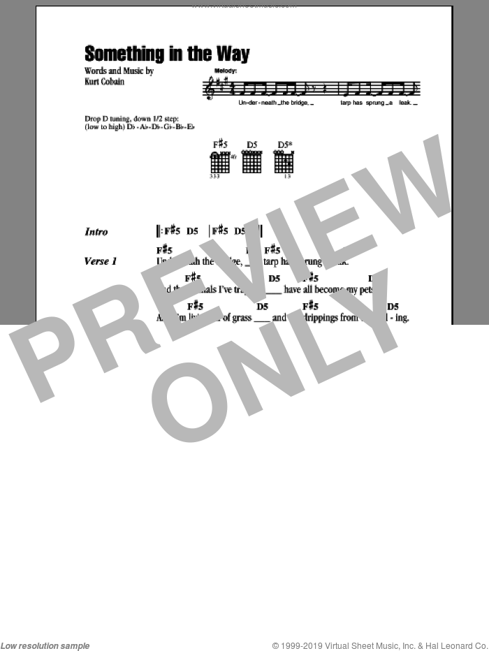Something In The Way sheet music for guitar (chords) by Nirvana and Kurt Cobain, intermediate skill level