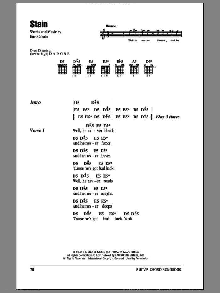 Stain sheet music for guitar (chords) by Nirvana and Kurt Cobain, intermediate skill level