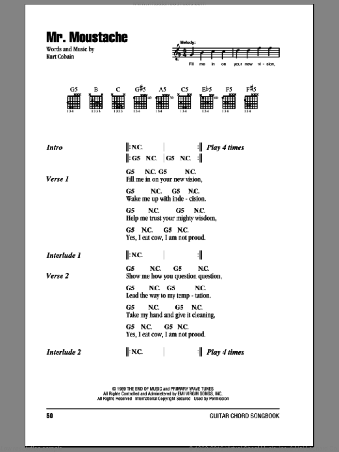 Mr. Moustache sheet music for guitar (chords) by Nirvana and Kurt Cobain, intermediate skill level