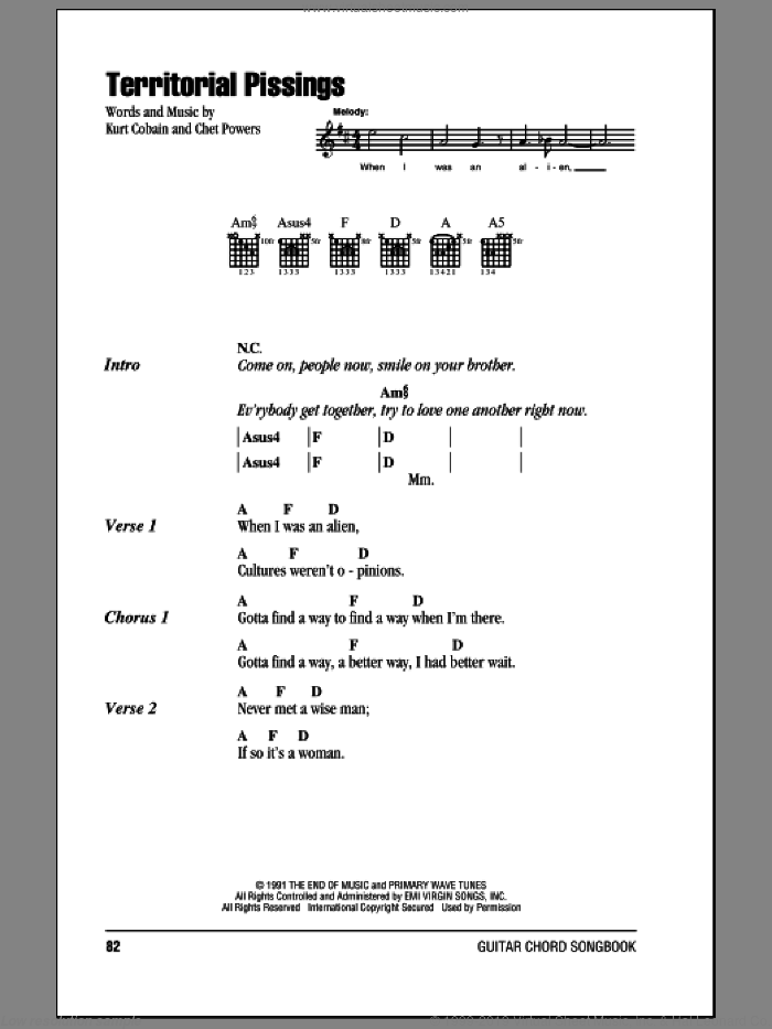 Territorial Pissings sheet music for guitar (chords) by Nirvana, Chet Powers and Kurt Cobain, intermediate skill level