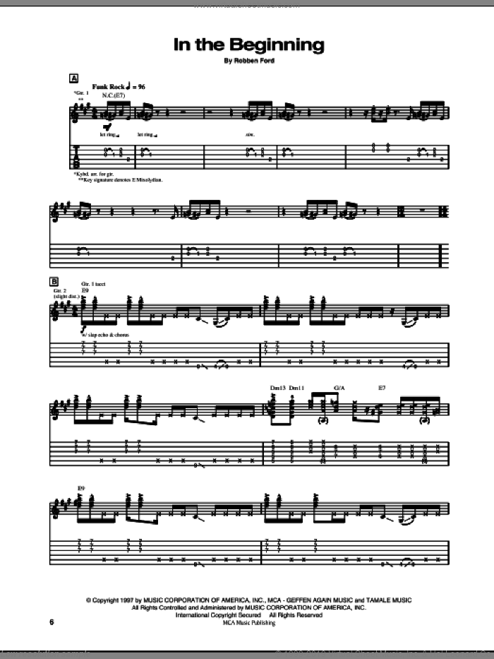 In The Beginning sheet music for guitar (tablature) by Robben Ford, intermediate skill level