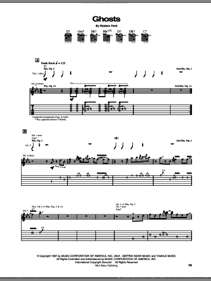 Ghosts sheet music for guitar (tablature) by Robben Ford, intermediate skill level