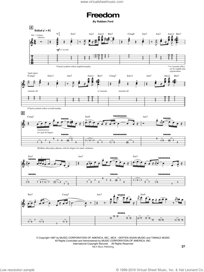 Freedom sheet music for guitar (tablature) by Robben Ford, intermediate skill level