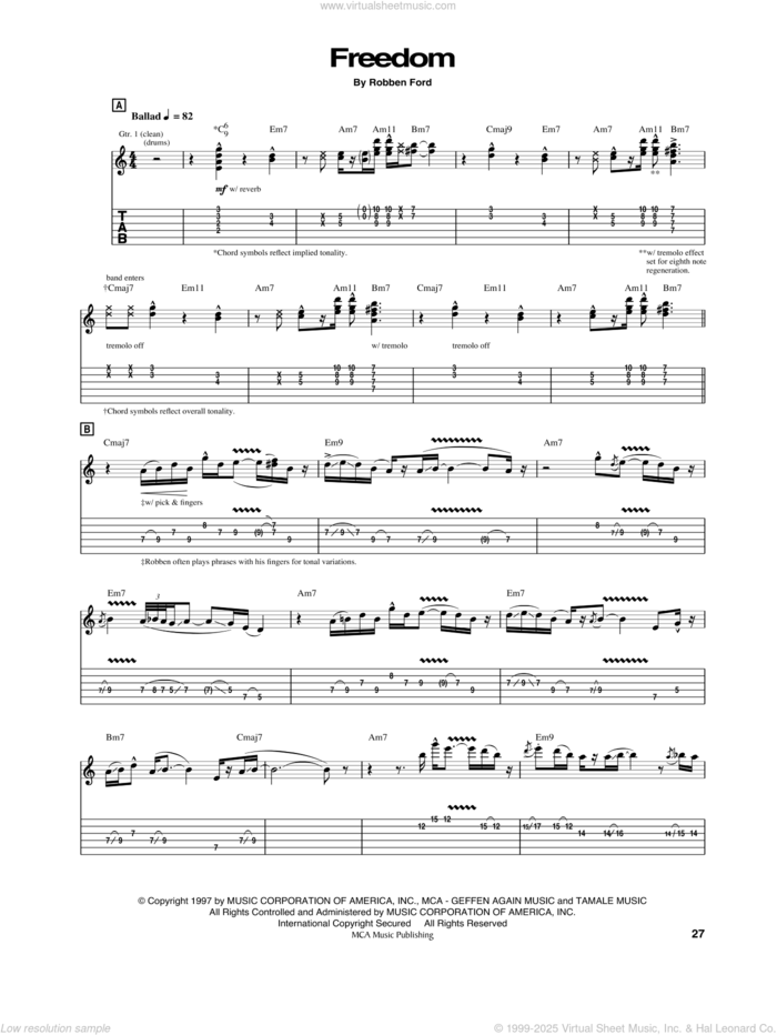 Freedom sheet music for guitar (tablature) by Robben Ford, intermediate skill level