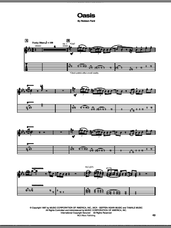 Oasis sheet music for guitar (tablature) by Robben Ford, intermediate skill level