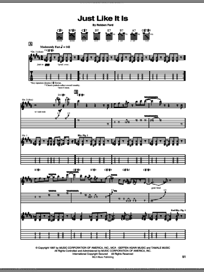 Just Like It Is sheet music for guitar (tablature) by Robben Ford, intermediate skill level