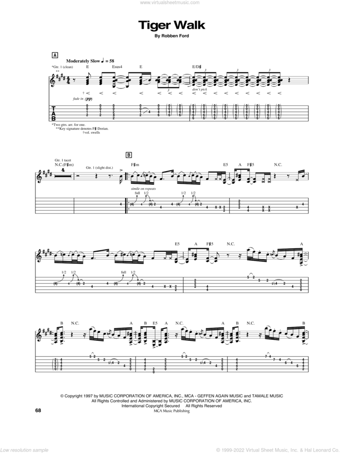 Tiger Walk sheet music for guitar (tablature) by Robben Ford, intermediate skill level