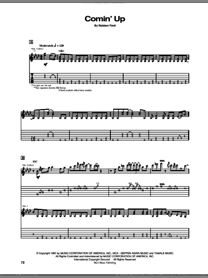 Comin' Up sheet music for guitar (tablature) by Robben Ford, intermediate skill level