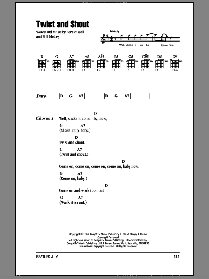 Twist And Shout sheet music for guitar (chords) by The Isley Brothers, The Beatles, Bert Russell and Phil Medley, intermediate skill level