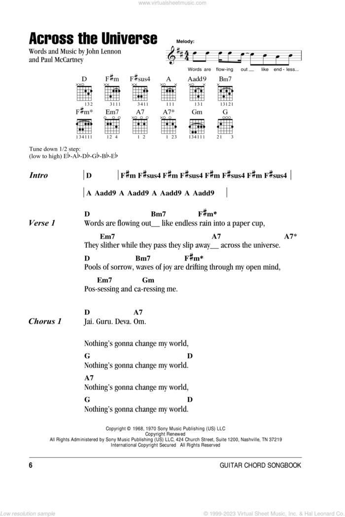 Across The Universe sheet music for guitar (chords) by The Beatles, John Lennon and Paul McCartney, intermediate skill level