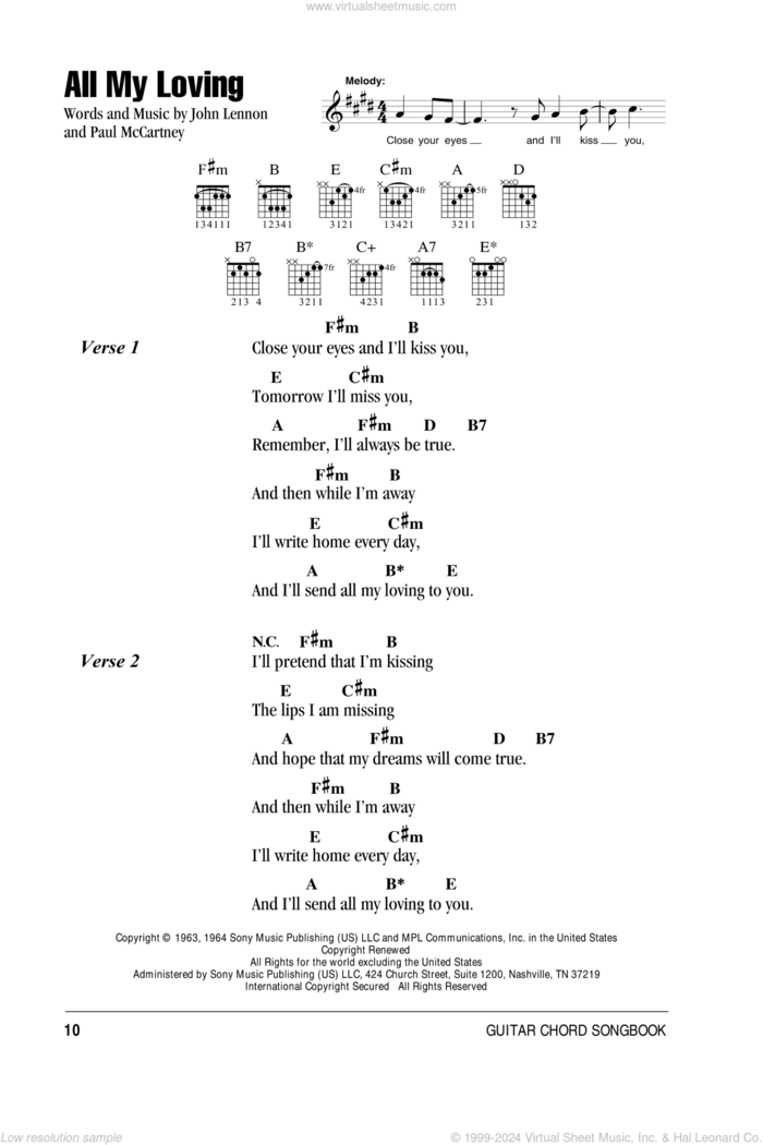 All My Loving sheet music for guitar (chords) by The Beatles, John Lennon and Paul McCartney, intermediate skill level