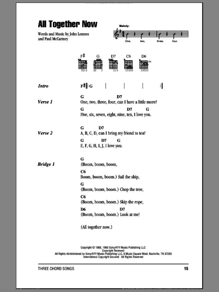 All Together Now sheet music for guitar (chords) by The Beatles, John Lennon and Paul McCartney, intermediate skill level