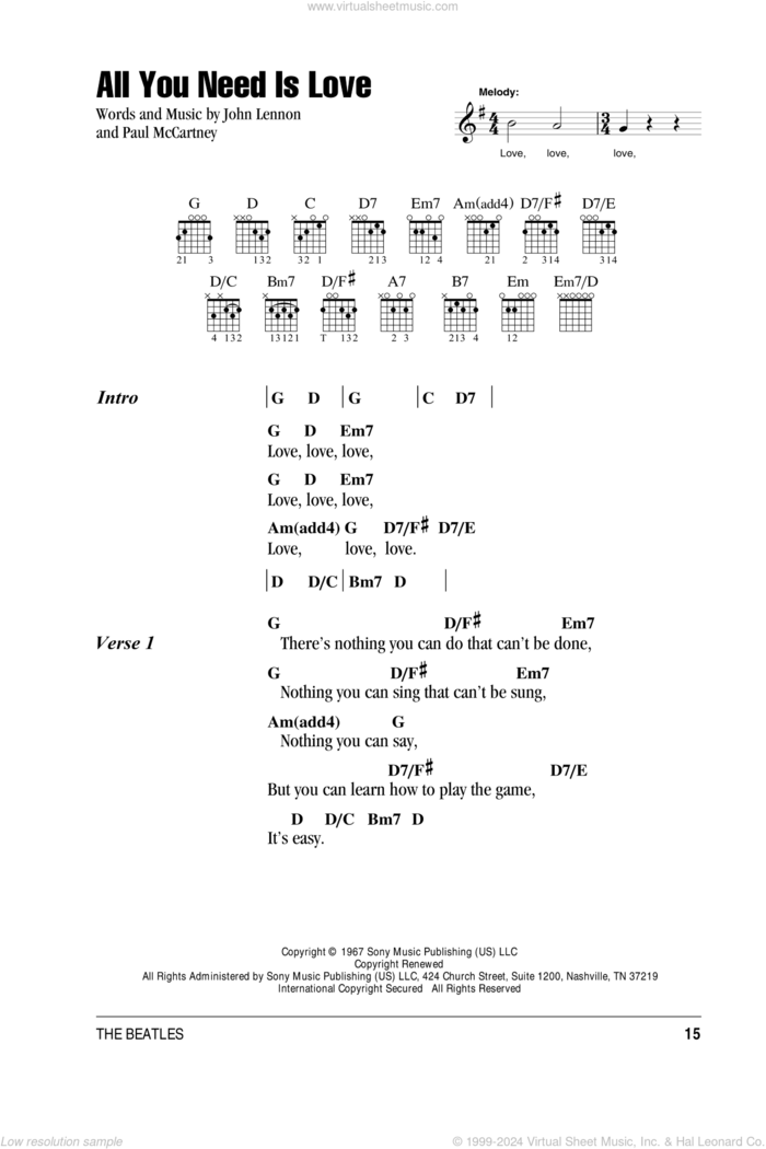 All You Need Is Love sheet music for guitar (chords) by The Beatles, John Lennon and Paul McCartney, wedding score, intermediate skill level