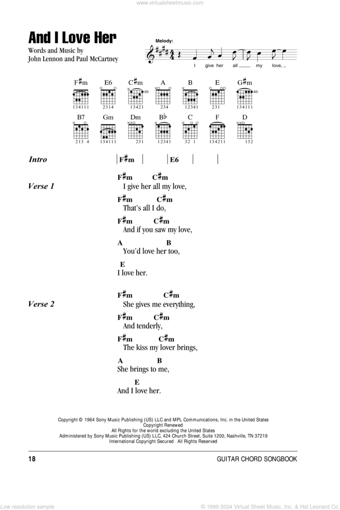 And I Love Her sheet music for guitar (chords) by The Beatles, John Lennon and Paul McCartney, intermediate skill level