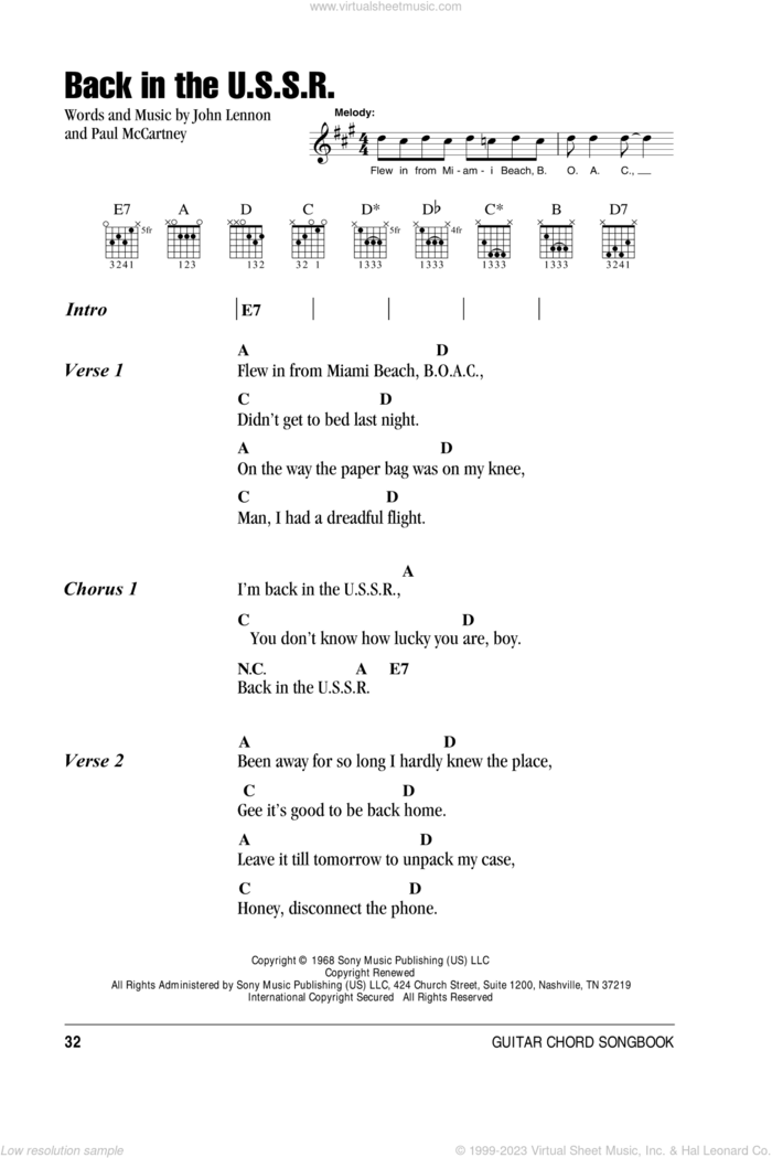 Back In The U.S.S.R. sheet music for guitar (chords) by The Beatles, John Lennon and Paul McCartney, intermediate skill level