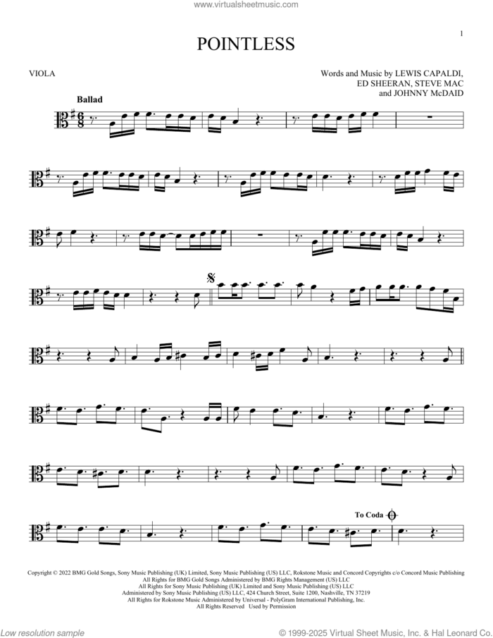 Pointless sheet music for viola solo by Lewis Capaldi, Ed Sheeran, Johnny McDaid and Steve Mac, intermediate skill level
