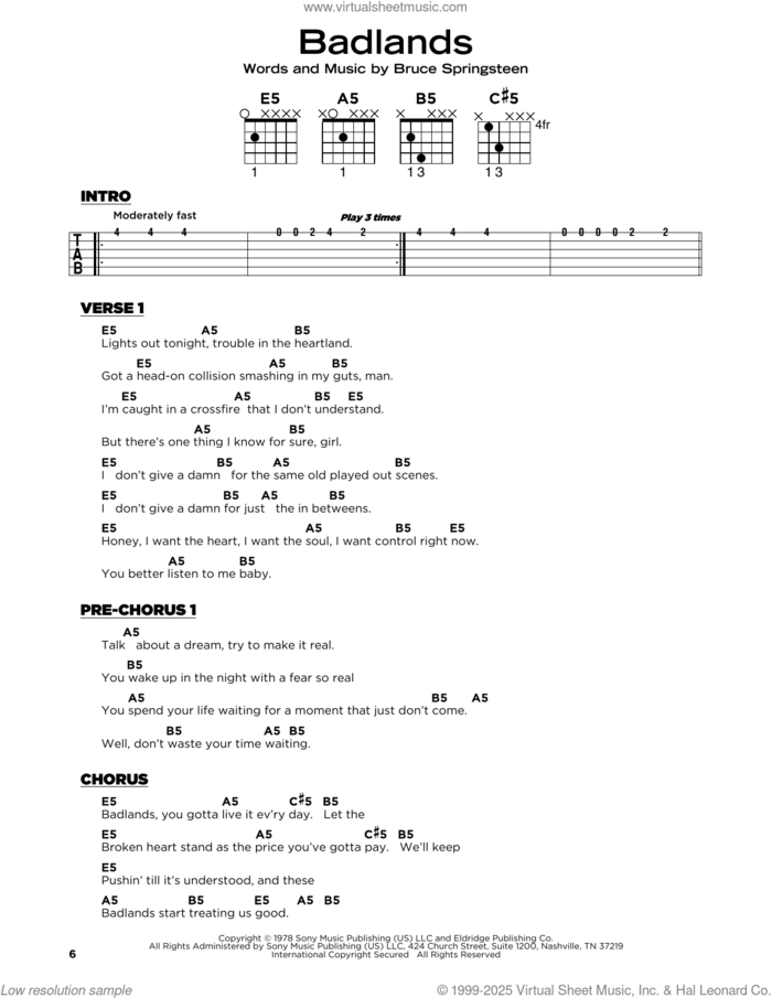 Badlands sheet music for guitar solo by Bruce Springsteen, beginner skill level