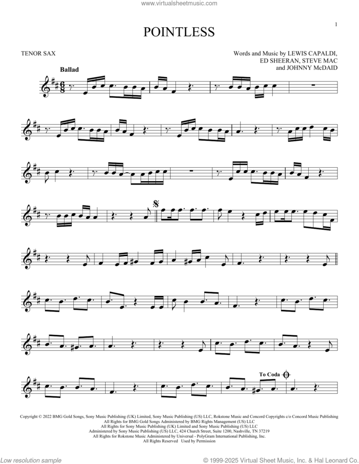 Pointless sheet music for tenor saxophone solo by Lewis Capaldi, Ed Sheeran, Johnny McDaid and Steve Mac, intermediate skill level