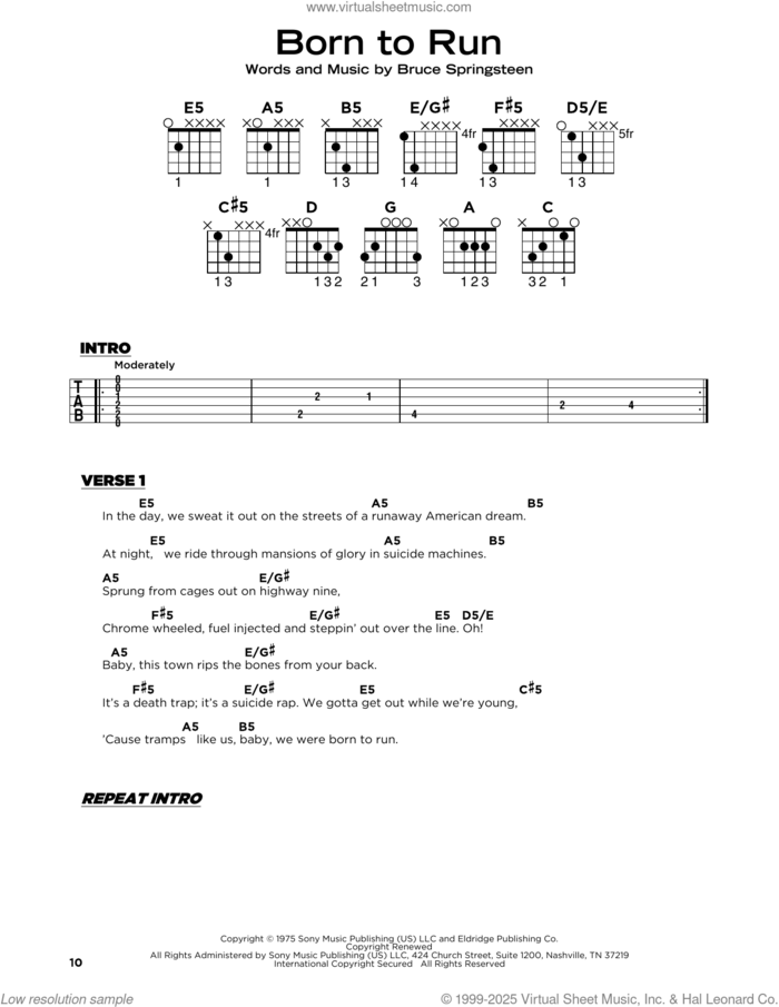 Born To Run sheet music for guitar solo by Bruce Springsteen, beginner skill level