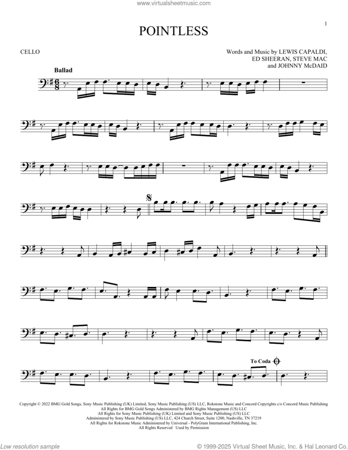 Pointless sheet music for cello solo by Lewis Capaldi, Ed Sheeran, Johnny McDaid and Steve Mac, intermediate skill level