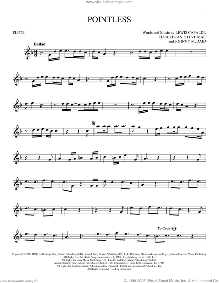 Pointless sheet music for flute solo by Lewis Capaldi, Ed Sheeran, Johnny McDaid and Steve Mac, intermediate skill level