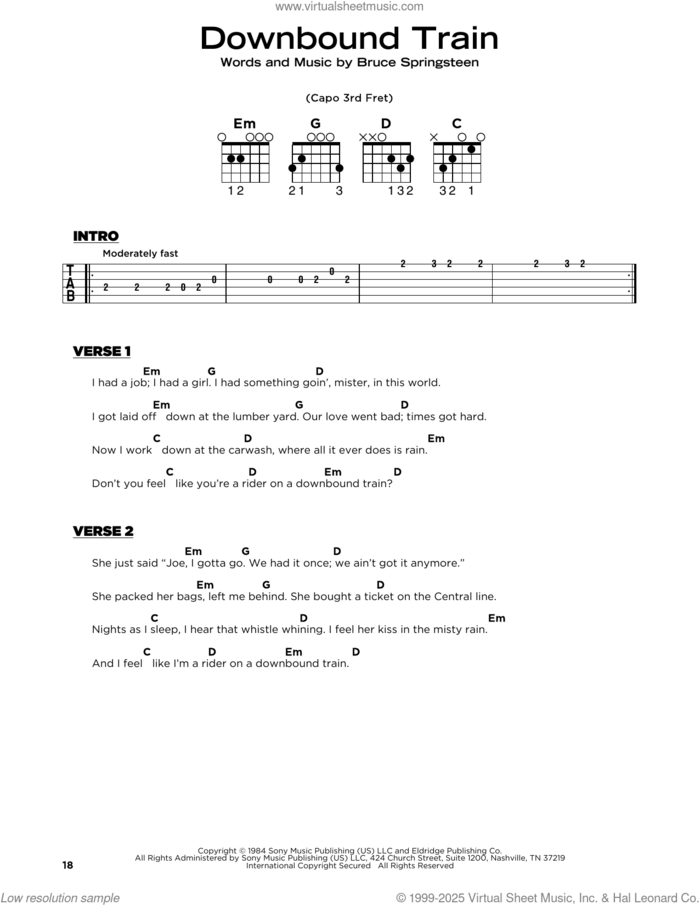 Downbound Train sheet music for guitar solo by Bruce Springsteen, beginner skill level