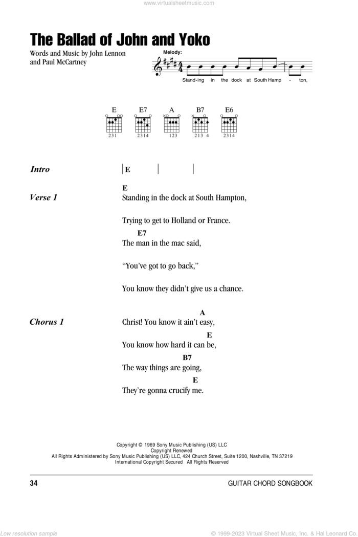 The Ballad Of John And Yoko sheet music for guitar (chords) by The Beatles, John Lennon and Paul McCartney, intermediate skill level