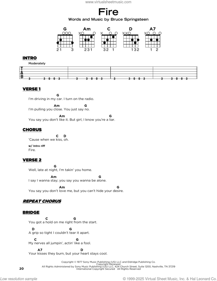 Fire sheet music for guitar solo by Bruce Springsteen, beginner skill level