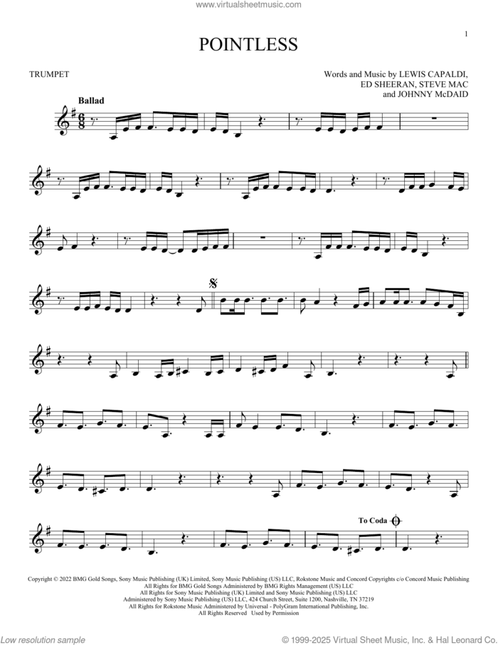 Pointless sheet music for trumpet solo by Lewis Capaldi, Ed Sheeran, Johnny McDaid and Steve Mac, intermediate skill level
