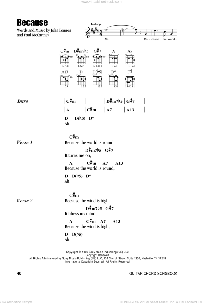 Because sheet music for guitar (chords) by The Beatles, John Lennon and Paul McCartney, intermediate skill level