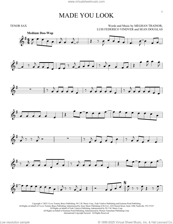 Made You Look sheet music for tenor saxophone solo by Meghan Trainor, Luis Federico Vindver and Sean Douglas, intermediate skill level