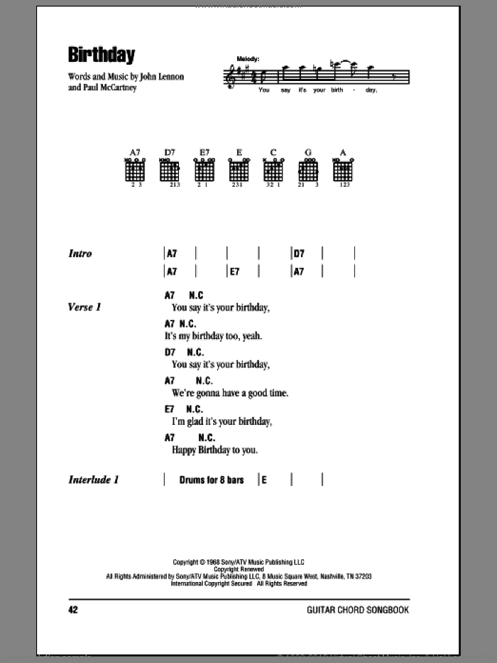 Birthday sheet music for guitar (chords) by The Beatles, John Lennon and Paul McCartney, intermediate skill level