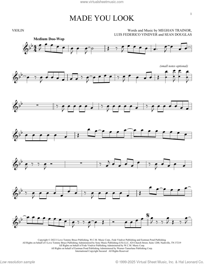 Made You Look sheet music for violin solo by Meghan Trainor, Luis Federico Vindver and Sean Douglas, intermediate skill level
