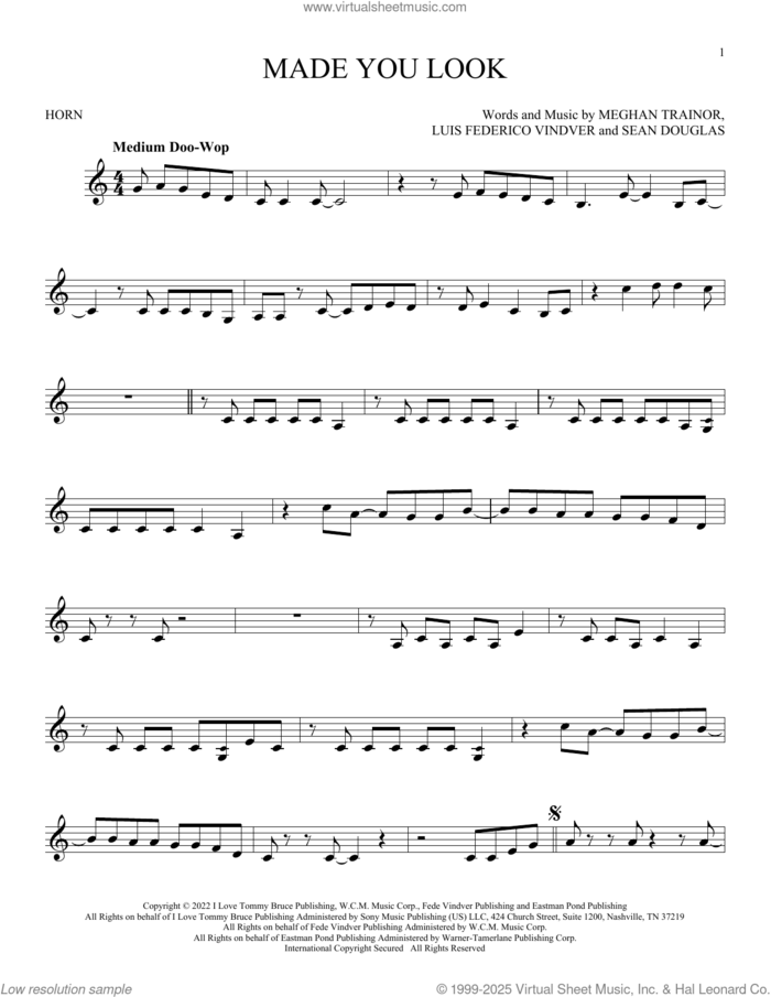 Made You Look sheet music for horn solo by Meghan Trainor, Luis Federico Vindver and Sean Douglas, intermediate skill level