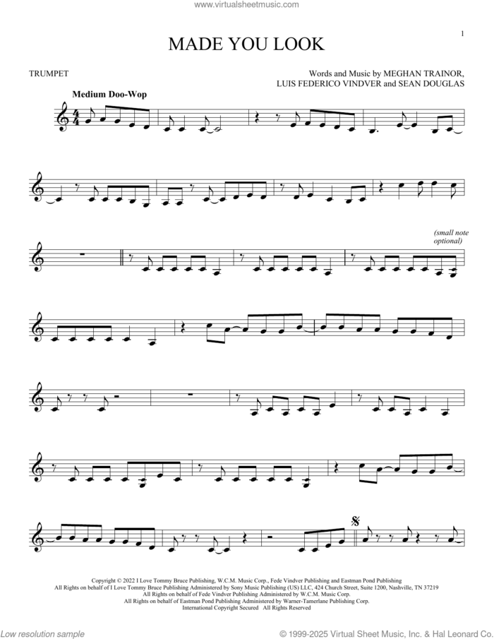 Made You Look sheet music for trumpet solo by Meghan Trainor, Luis Federico Vindver and Sean Douglas, intermediate skill level