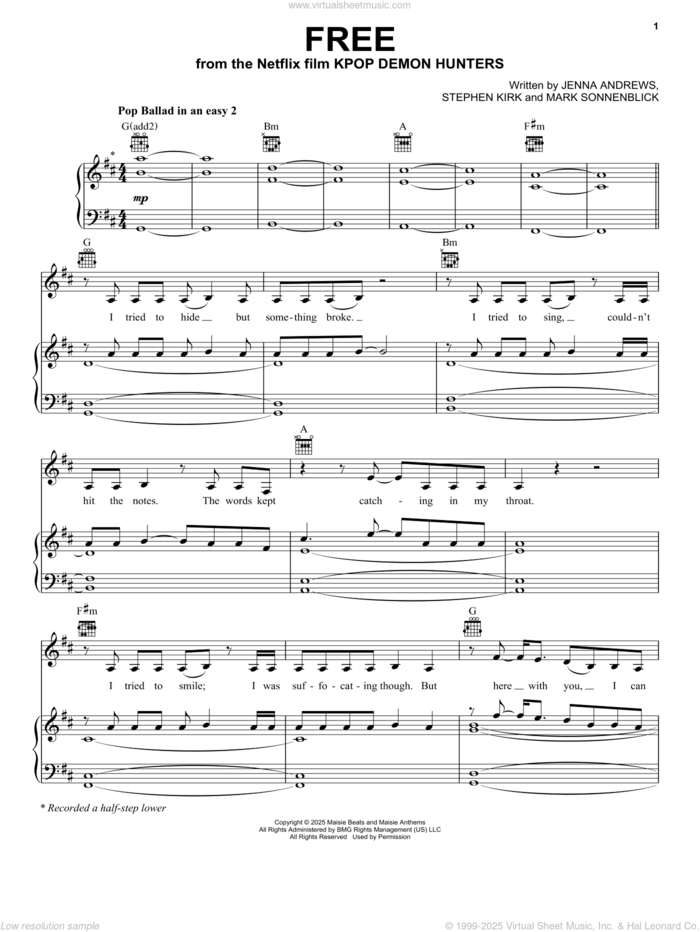 Free (from KPop Demon Hunters) sheet music for voice, piano or guitar by Rumi, Jinu, EJAE, and Andrew Choi, Jenna Andrews, Mark Sonnenblick and Stephen Kirk, intermediate skill level