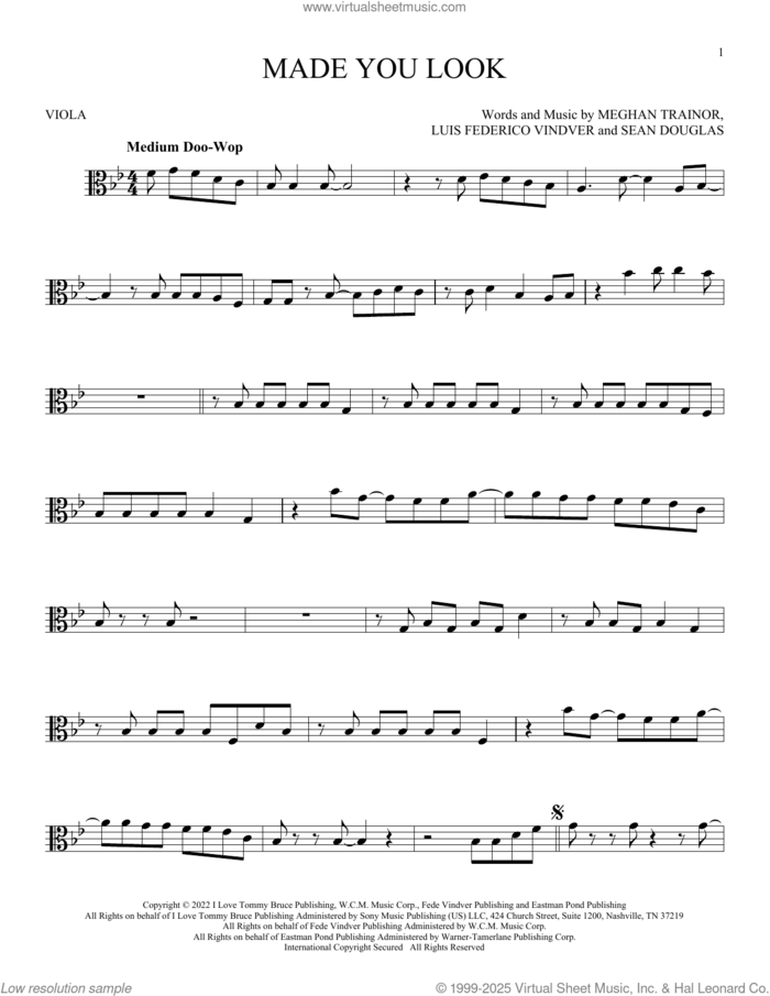 Made You Look sheet music for viola solo by Meghan Trainor, Luis Federico Vindver and Sean Douglas, intermediate skill level