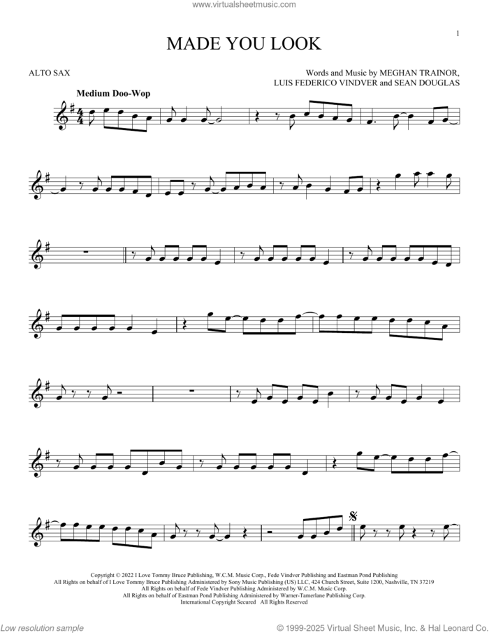 Made You Look sheet music for alto saxophone solo by Meghan Trainor, Luis Federico Vindver and Sean Douglas, intermediate skill level