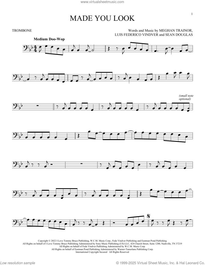 Made You Look sheet music for trombone solo by Meghan Trainor, Luis Federico Vindver and Sean Douglas, intermediate skill level