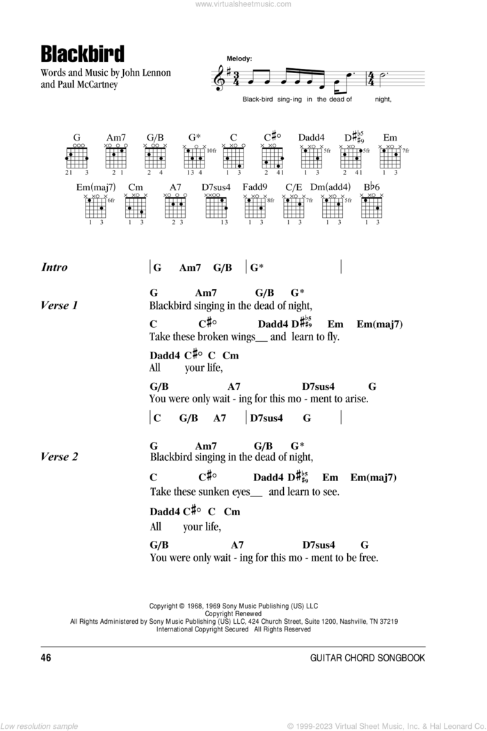 Blackbird sheet music for guitar (chords) by The Beatles, John Lennon and Paul McCartney, intermediate skill level