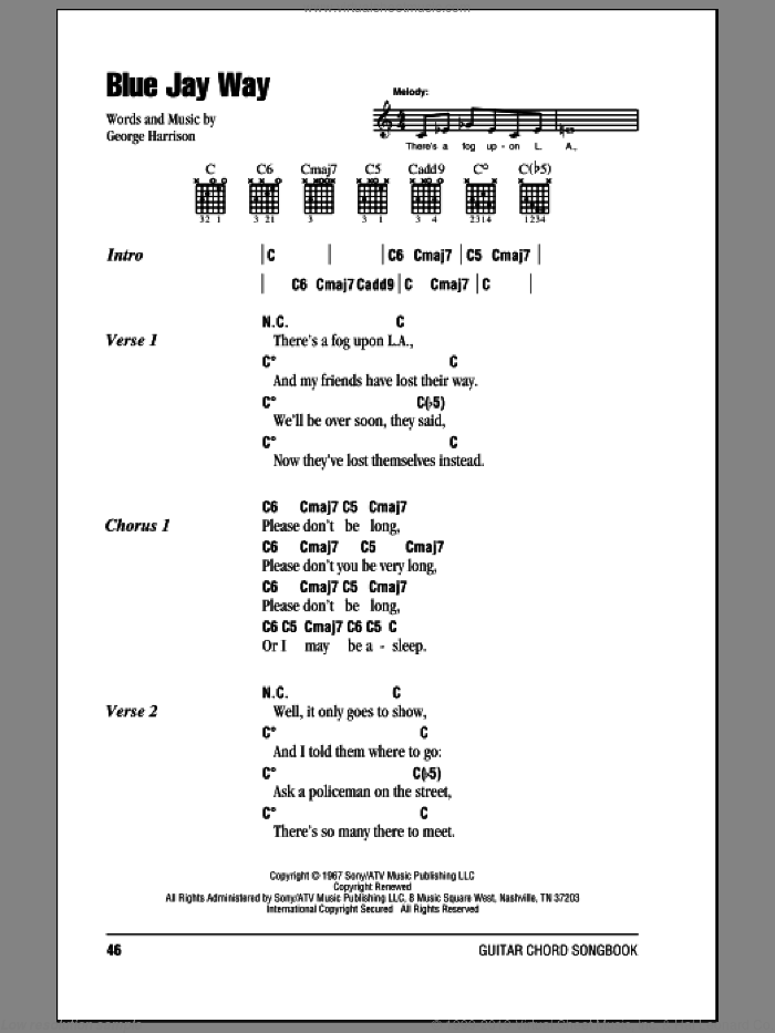 Blue Jay Way sheet music for guitar (chords) by The Beatles and George Harrison, intermediate skill level