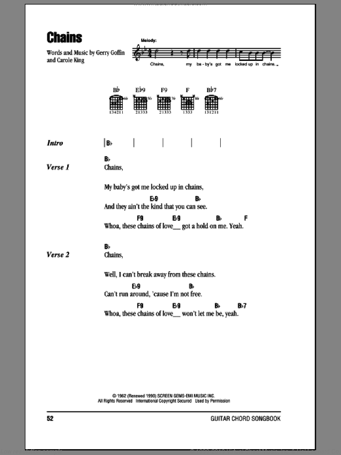 Chains sheet music for guitar (chords) by The Beatles, Carole King and Gerry Goffin, intermediate skill level